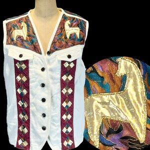VINTAGE western llama horse cotton denim vest‎ sleeveless rodeo show shirt 80s